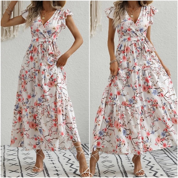 Boho Floral Print Butterfly Sleeve Maxi Dress - Picture 6 of 16